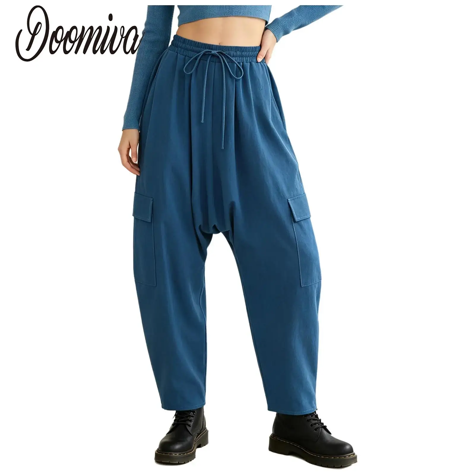 Women Multi-pocket Cargo Palazzo Harem Pants Drawstring Elastic Waistband Drop Crotch Baggy Pants Pirate Trousers for Party