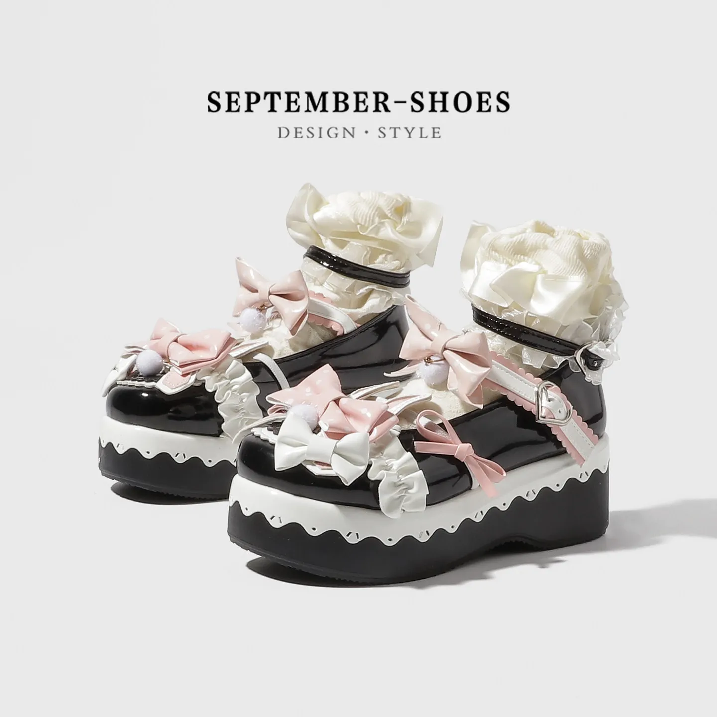 Cute Sweet Lolita Mary Jane Shoes Wavy Platform Thick Sole Multi‑bow Ankle Strap Buckle Japanese Jk Cosplay Pumps