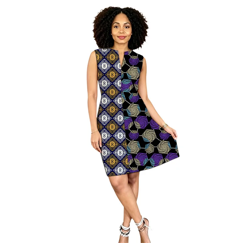 Zipper Placket African Dress Collarless Vintage Style Women's Ankara Outfit Print Symmetrical Design Sleeveless Dresses Tailored