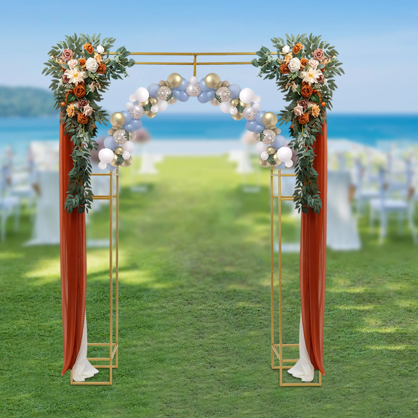 Wedding Arch Backdrop Stand, Gold Wedding Arches for Ceremony Square Metal Balloon Arch Stand Background Decoration