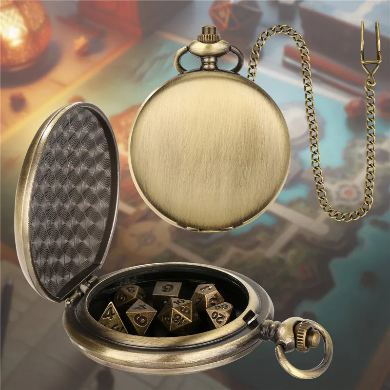 

Bronze Pocket Watch Case Pendant Chain Smooth Cover with Vintage 7Pcs Metal Polyhedral Dices Entertainment Game Dice Gifts