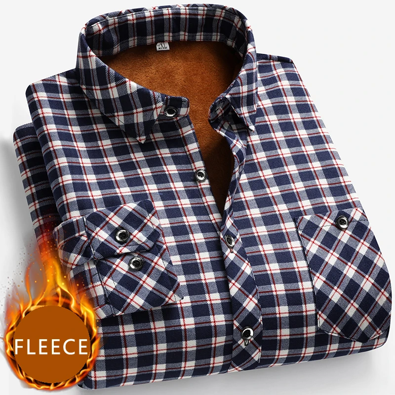 Men's Winter Shirts Fleece Lined Casual Plaid Shirt Pocket Men's Workwear Button Down Mens Top Shirts