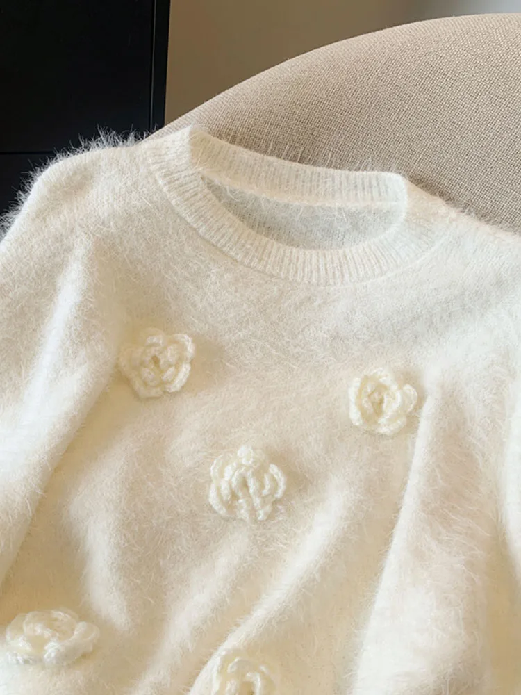 Sweet Preppy Style Luxury Jumper Women White Oversized 3D Flower Knitted Pullover Korean Fashion Sweater Mori Girl Autumn Winter