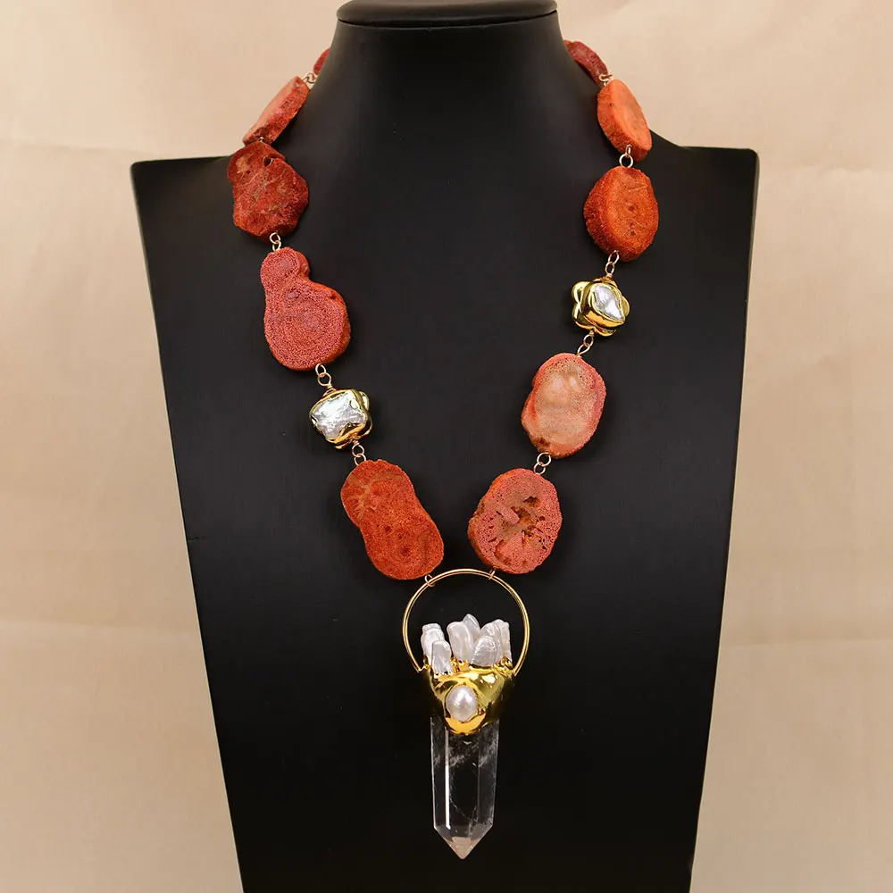 

GG 20'' Natural Red Orange Coral Slice White Pearl Necklace Clear Quartz Keshi Pearl Pendant