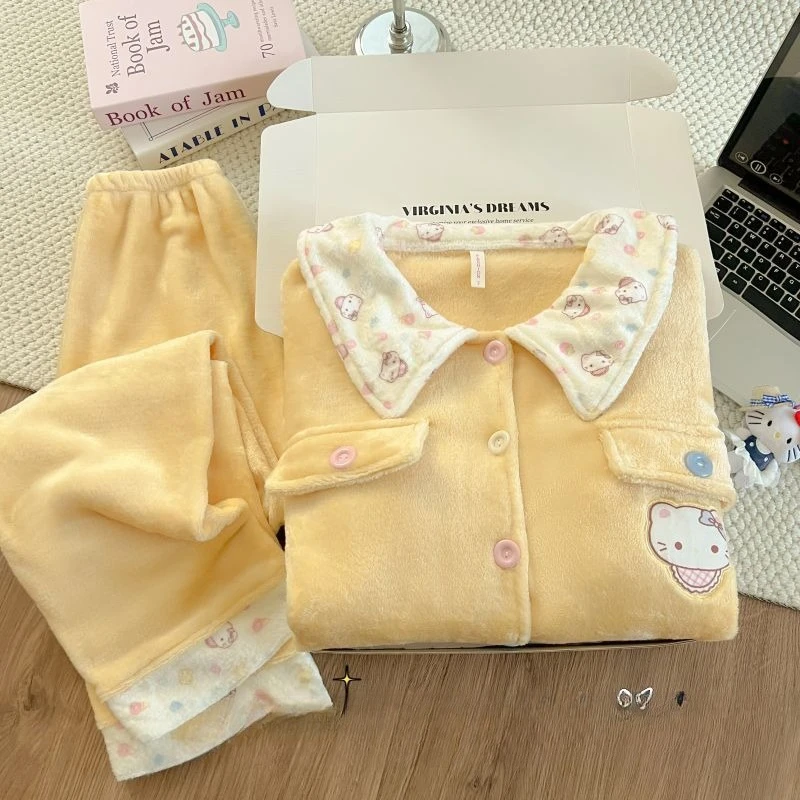 لطيف بلون الفانيلا مرحبا كيتي منامة للفتيات الشتاء طويلة الأكمام بنطلون الكرتون الطلاب المرجان المخملية سميكة الدافئة مجموعة