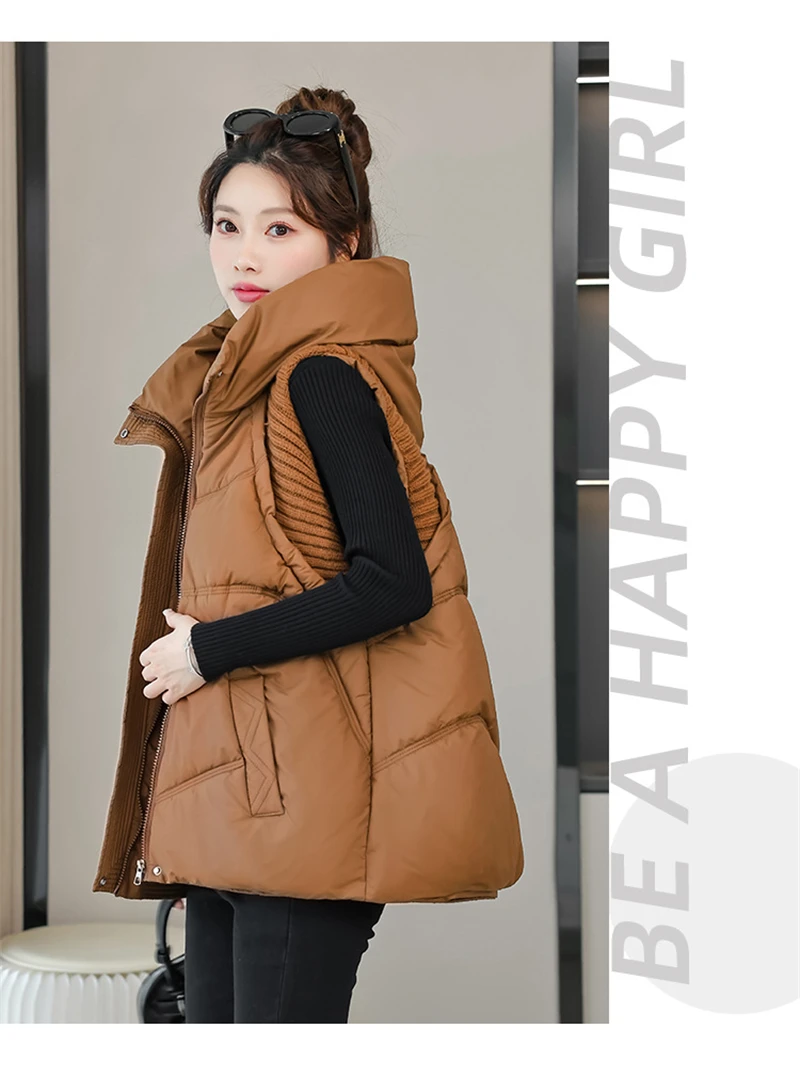 A-word Vest Down Cotton Padded Jackets Short Waistcoat Mid-Length Slim Hooded Autumn Winter Jackets Solid Women's Coats Trend