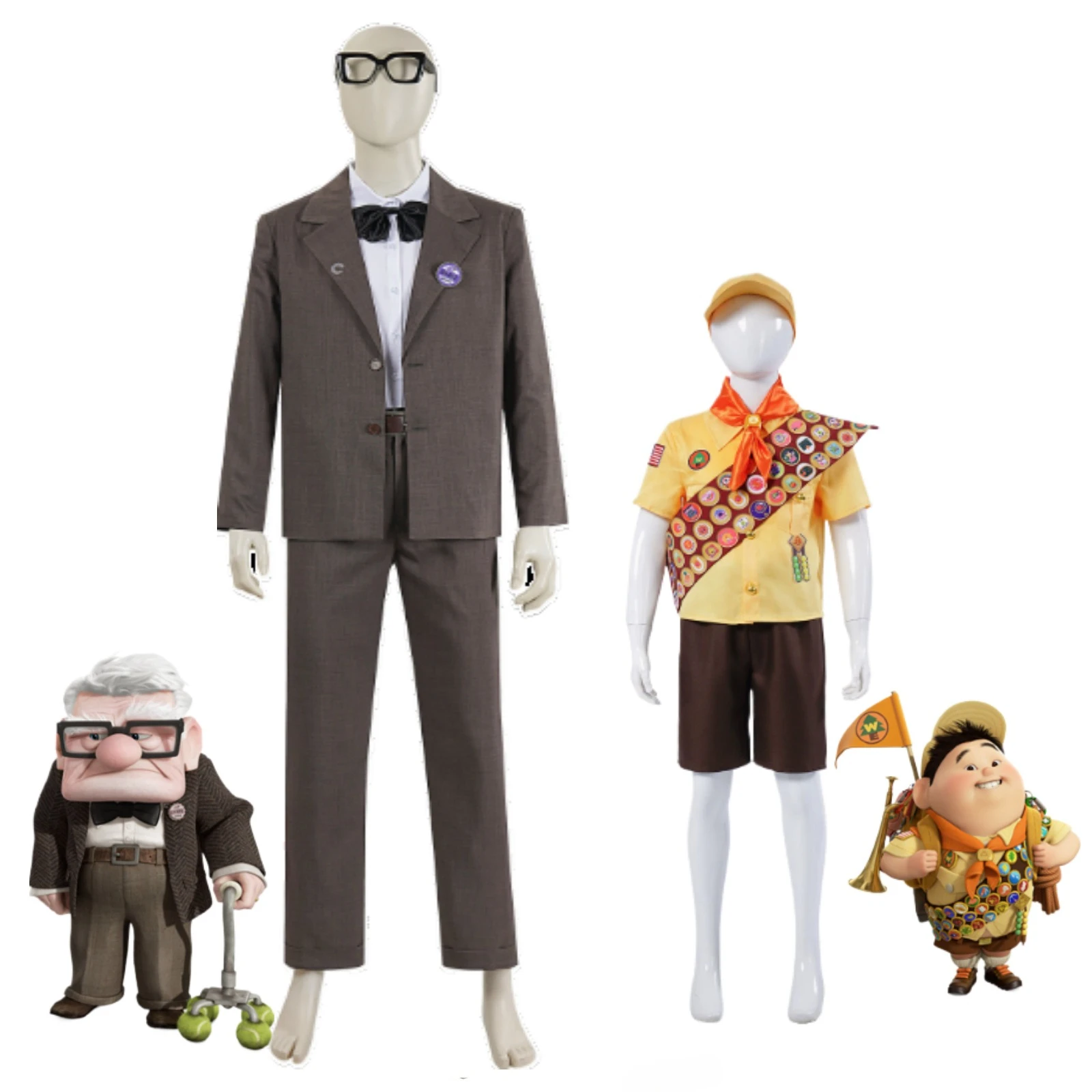 Anime Up‌ Grandpa and Russell Cosplay Costume Salesman Old Man Carl Roleplay Set Russell Yellow Shirt Shorts and Hat Halloween