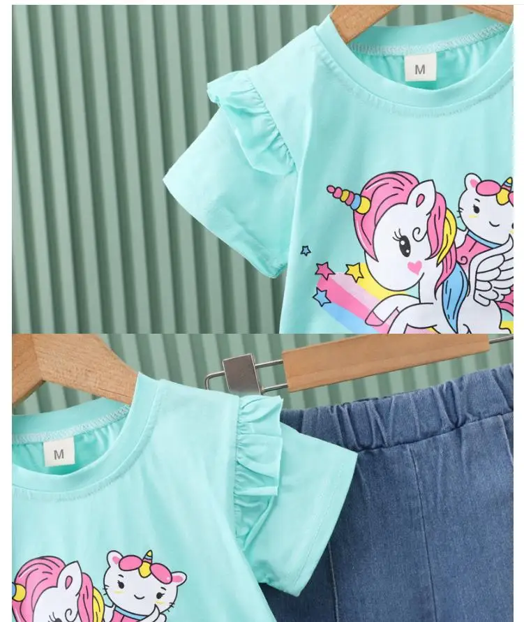 2024 neue kinder Set Mädchen Sommer Cartoon Gedruckt Kurzarm + Cowboy Hosen Infant Mode Set 0-4 jahre Alt – Detail 6