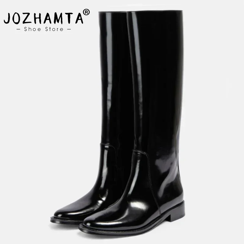 JOZHAMTA Size 34-43 Women Knight Boots Knee High Patent Real Leather Thick Mid Heels Fall Winter Shoes Wide Calf Long Tall Boots