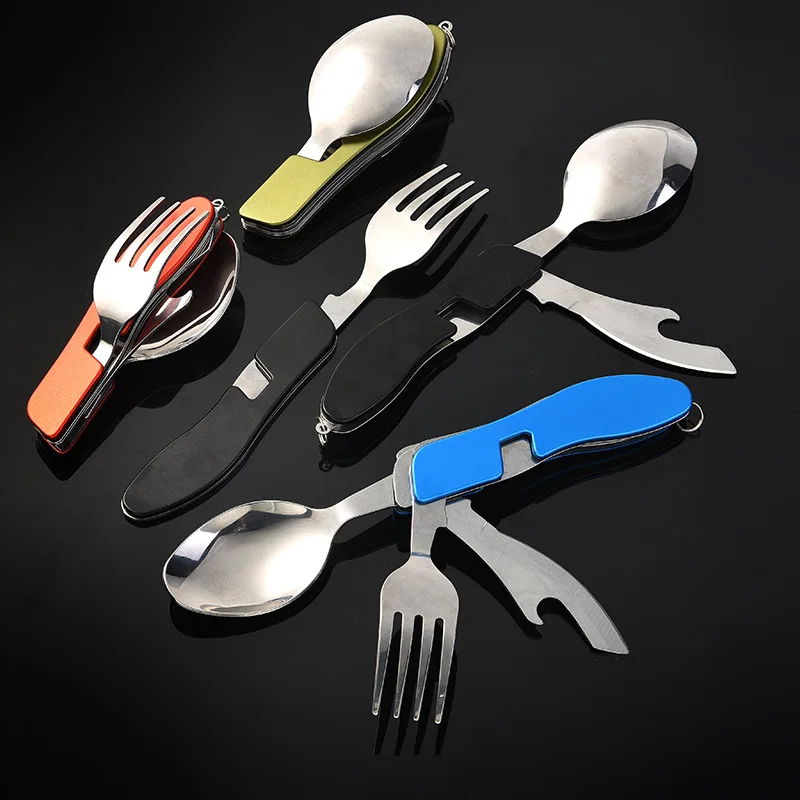 Tablespoon Set 4 In 1 Foldable Spoon Knife Fork Bottle Opener Stainless Steel Folding Pocket Kits Outdoor Tableware Set