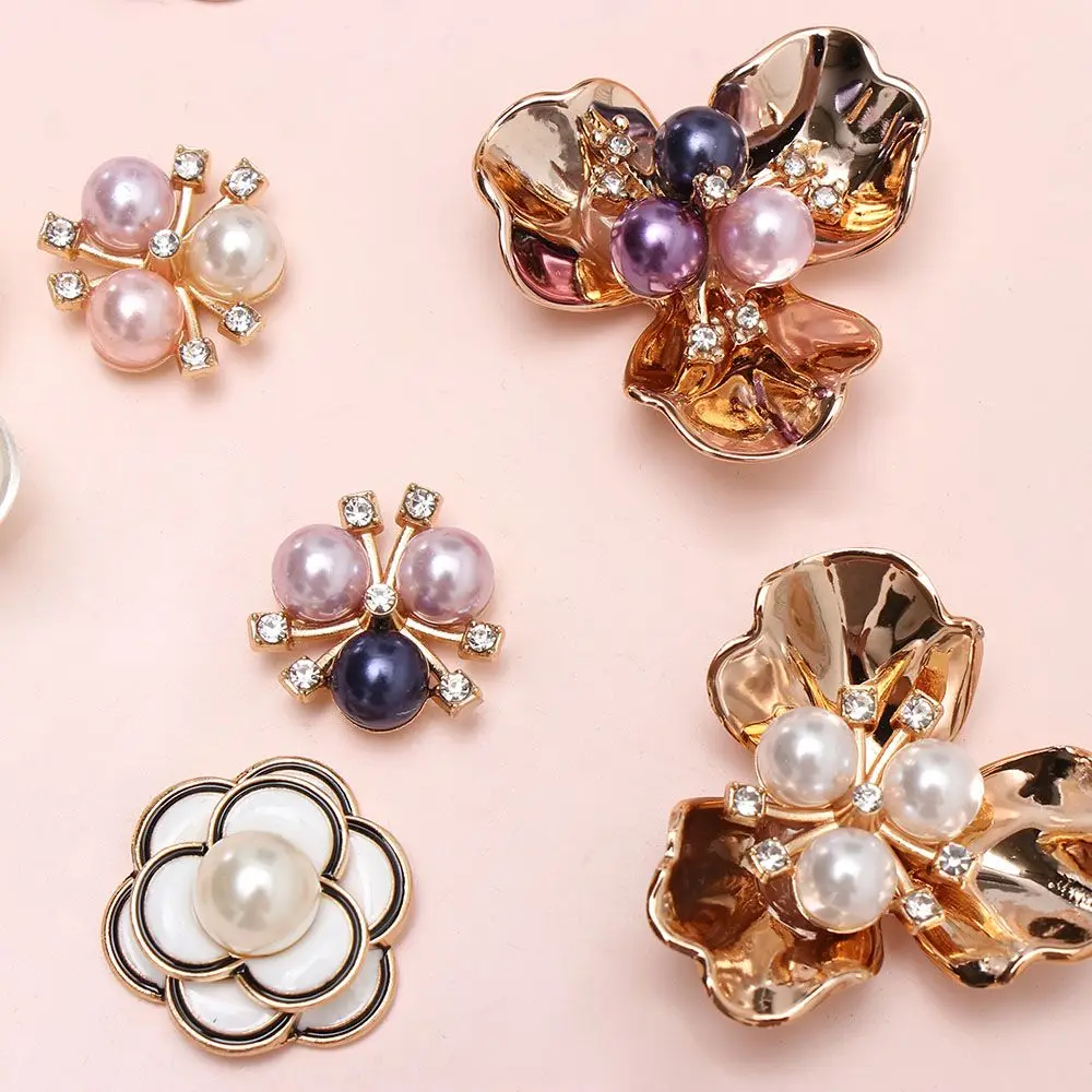 10PCS Handmade Bow Accessories Pearl Flower Rhinestone Buttons Sparkling Crystal Hairpins Decoration Clothes Sewing Pearl Tool