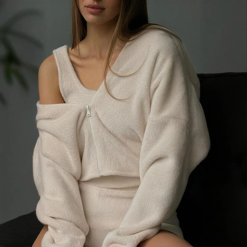 Tornova-Chaqueta de felpa para mujer, chaleco, pantalones cortos, conjunto de 3 piezas, cárdigan con capucha y cremallera, chaleco Sexy ajustado, pantalones cortos de cintura alta, traje para mujer