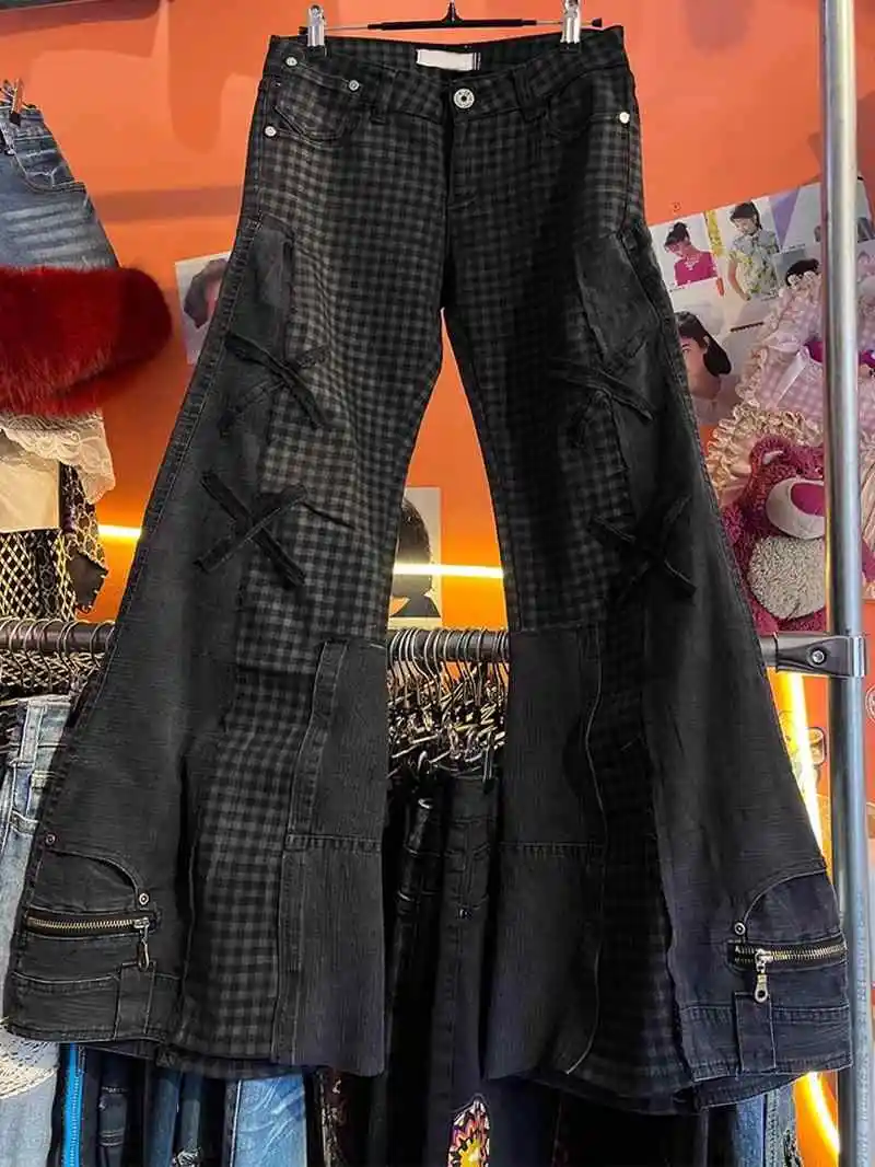 

Женские черные готические джинсы Y2k в стиле эмо, винтажные мешковатые джинсовые брюки в стиле Харадзюку в японском стиле 2000-х годов, большие джинсовые брюки в стиле гранж, одежда