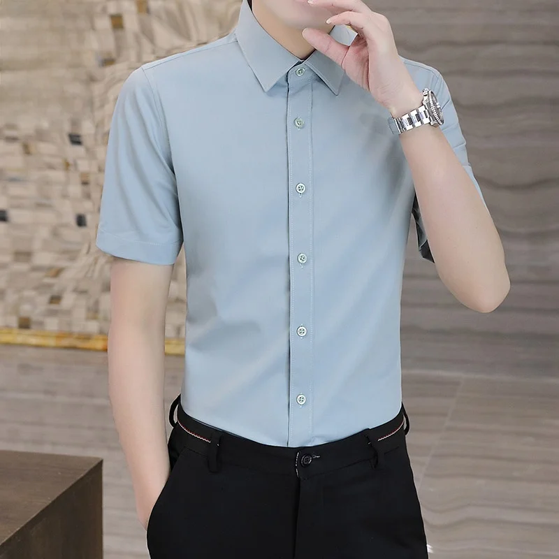 

Men's ort Sve irt Casual Thin Non-iron Pure Color Summer Busin irt Comfortable Loose Fit Youth Faion