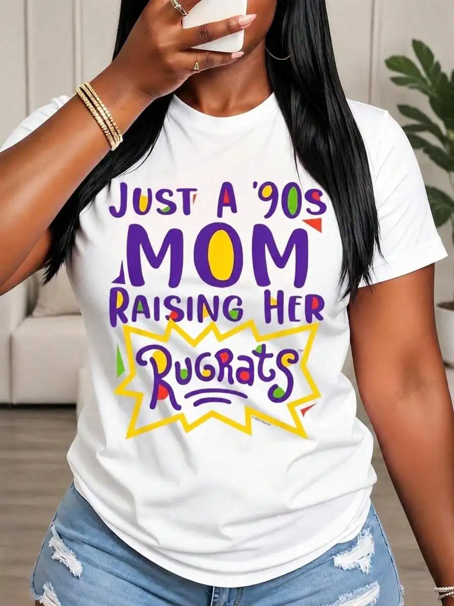 Just A 90s Mom Raising Rugrats Cartoon Graphic Tees Women, Cute White Round Neck Summer Tops, Retro Y2K Graphic Tees Women, Casual Mom Life T Shirts F