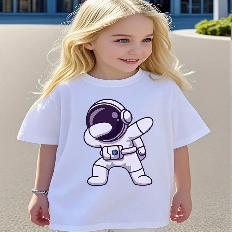 White Planet Space Crew Collar Print T-shirt Short-Sleeved Children's Graphic Top Kids' Summer Polyester Fabric