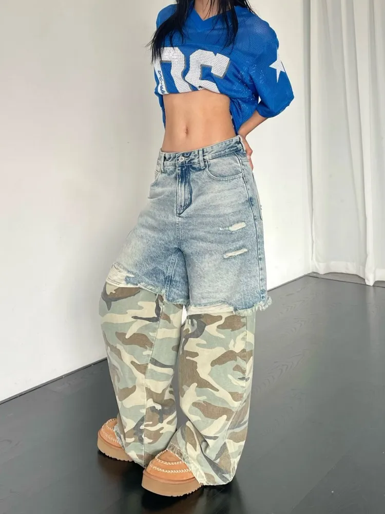 Summer Womens Camouflage Spliced False Two Piece Wide Leg Jeans Loose Fit Casual Denim Pants Spring Streetwear Female Trousers