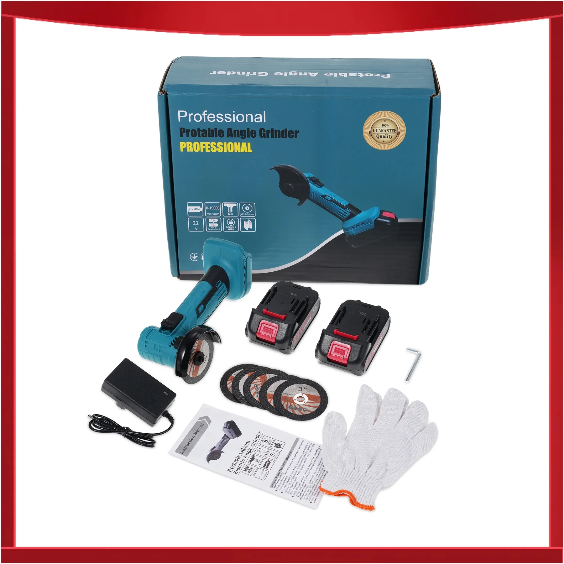 

21V Cordless Angle Grinder Kit with 19000 RPM Brushless Electric Motor Power Angle Grinder Tools with 1300mAh Battery Charger