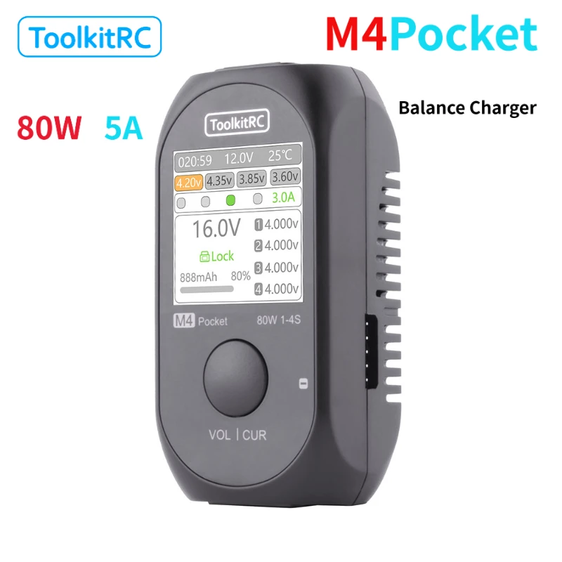 ToolkitRC M4Pocket 1-4S Lipo LiHV LiFe Lion Battery Charger 80W 5A Smart Balance Charger Input USB-C XT30 XT60 Output