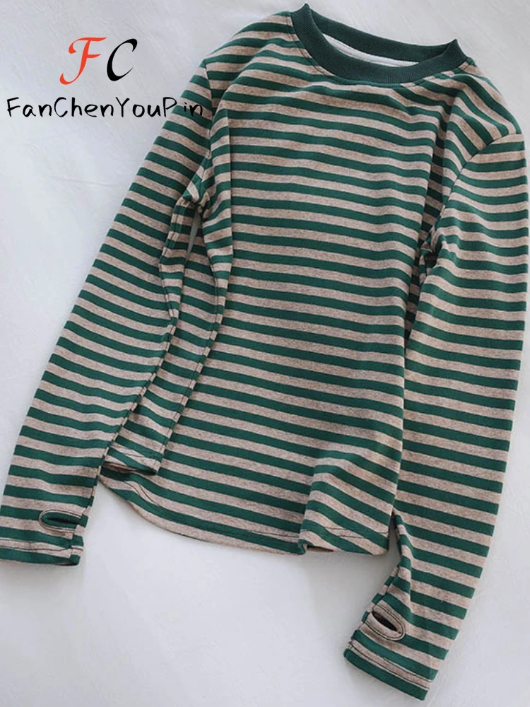 Spring Womens T-shirts 2024 New Korean Casual Soft Cotton Striped Long Sleeved Top Simplicity O-neck Versatile Loose Tees Female