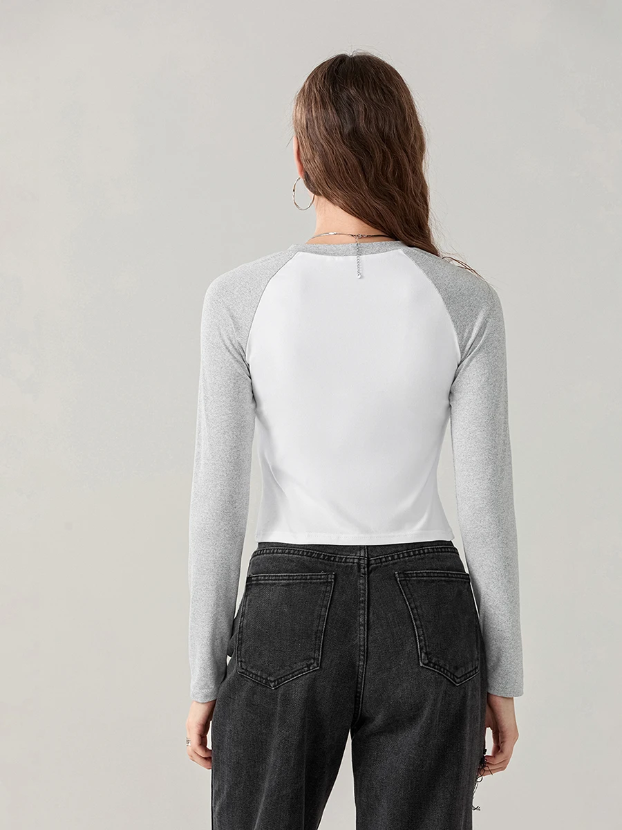 wsevypo Womens Patchwork Crop Tops Fall Spring Raglan Long Sleeve Round Neck Short T-Shirt Casual Basic Tees Streetwear image 6