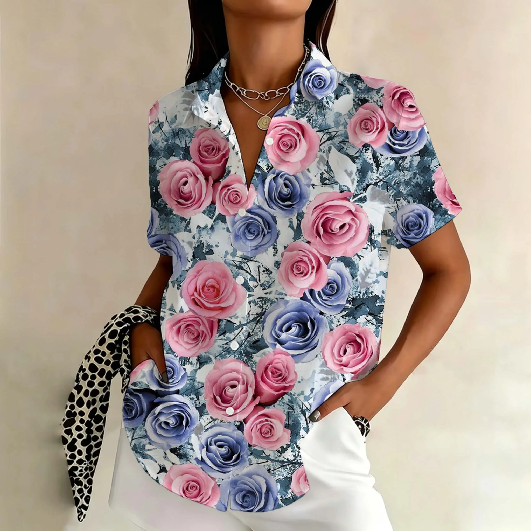 Women's Romantic Rose Floral Shirt Blue Pink Flower Graphic Short Sleeve Button Down Blouse Summer New Fashion Women Clothing