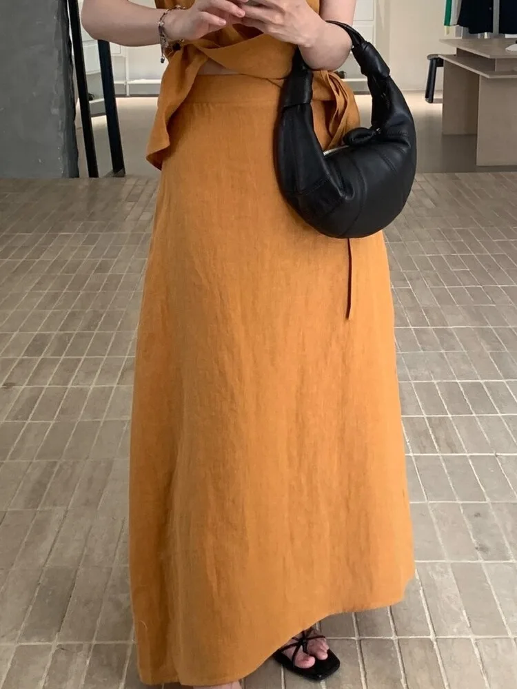 

Retro Pumpkin Color Lin Tie Vest Women's Summer New High Waist A-Line Skirt Long Skirt Set Women's Faion Lin Outfits