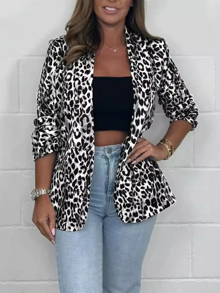 

Leopard Print Tailored Jaet Women's Slim Fit Autumn Wear European Sle Long Sve Regular Length Collarl Suit Coat