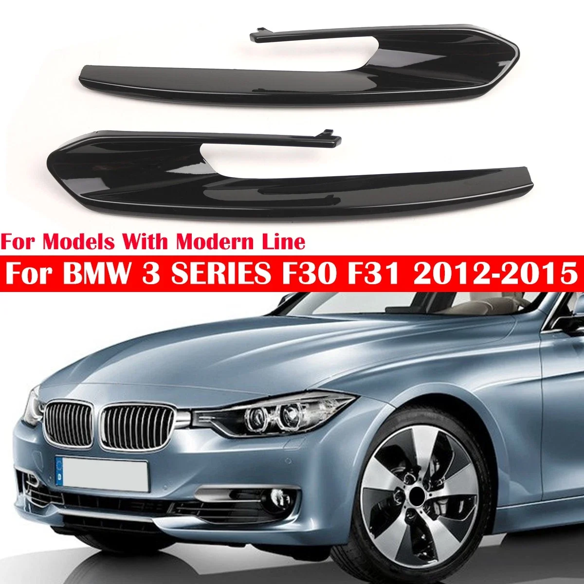 For 2012-2015 BMW 3 SERIES F30 F31 (Pre-LCI) With Modern Line Gloss Black Front Bumper Fog Light Bezel Frame Cover Trim Kit