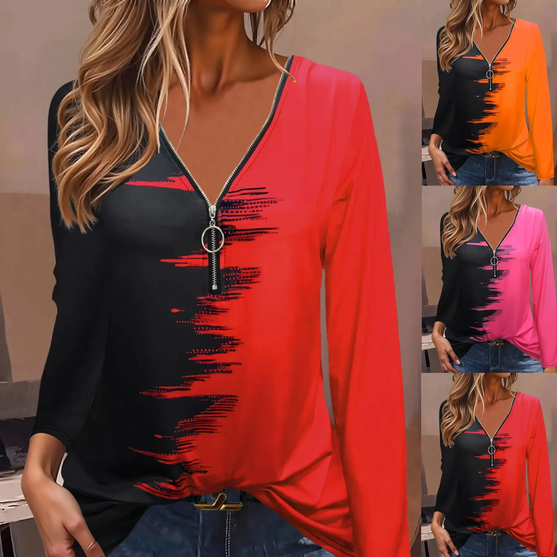 Women's Casual T-shirt With Zipper Collar Long Sleeved Printed Tshirt For Women Blusas De Mujer