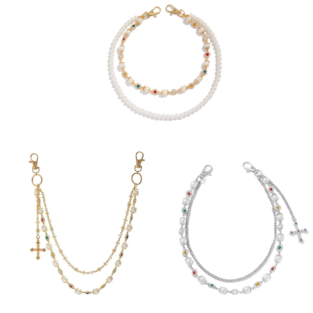 Punk Colorful Zircon Cross Pendant Pants Chain for Women Men Gothic Multi Layer Imitation Pearl Chain Waist Chain Jeans Jewelry