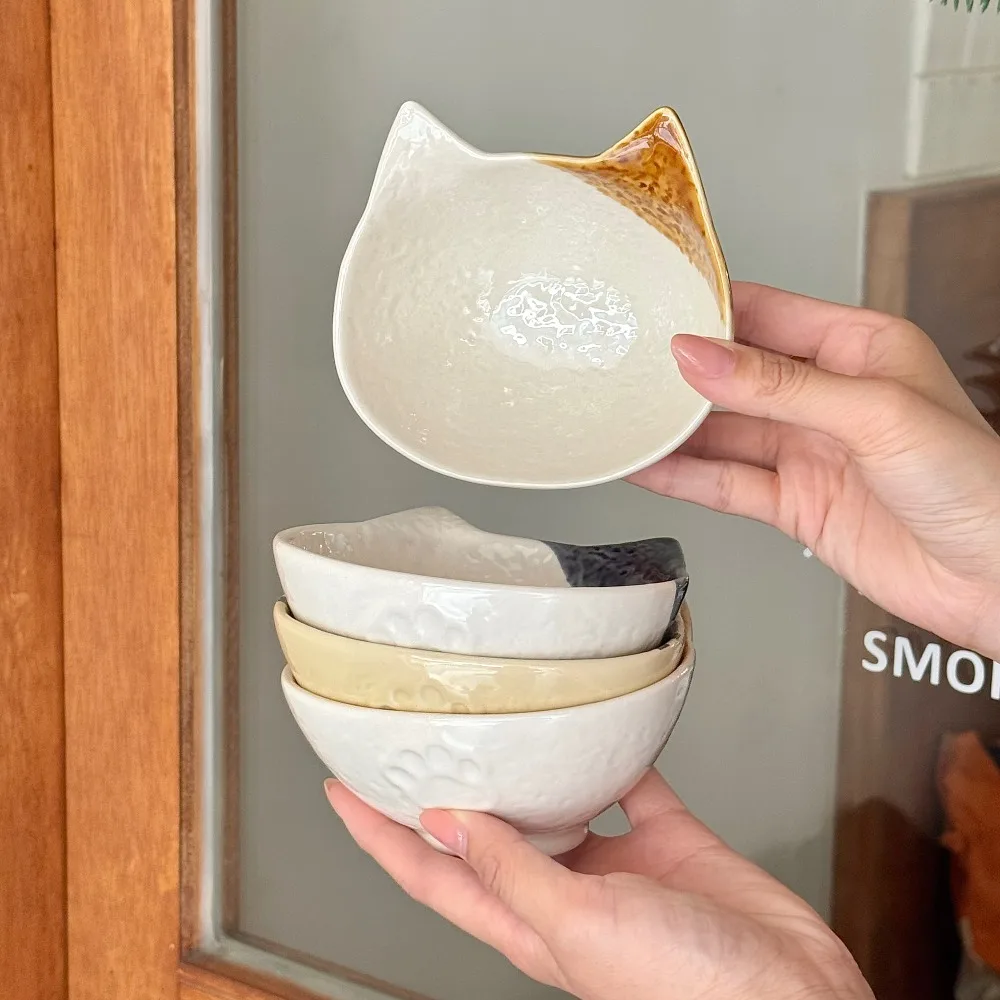 4pcs Cute Cat Retro Ceramic Bowl Creative Japanese Tableware Rice Bowl Yogurt Dessert Bowl Home Decoration Ceramic Dish