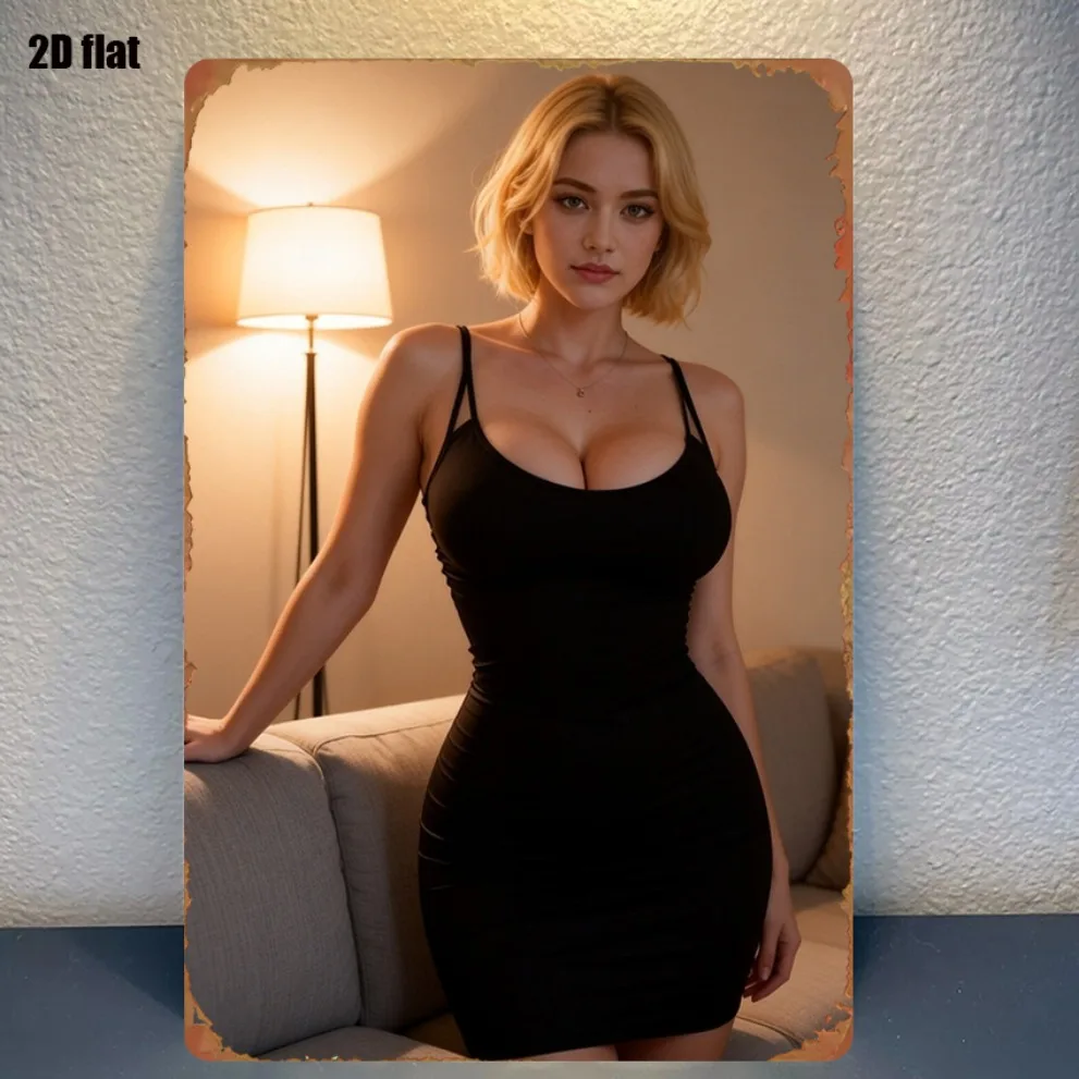 2027Retro Blonde Woman Black Dress Metal Wall Art, 8x12in Durable Tin Sign for Bedroom Home Theater Decor