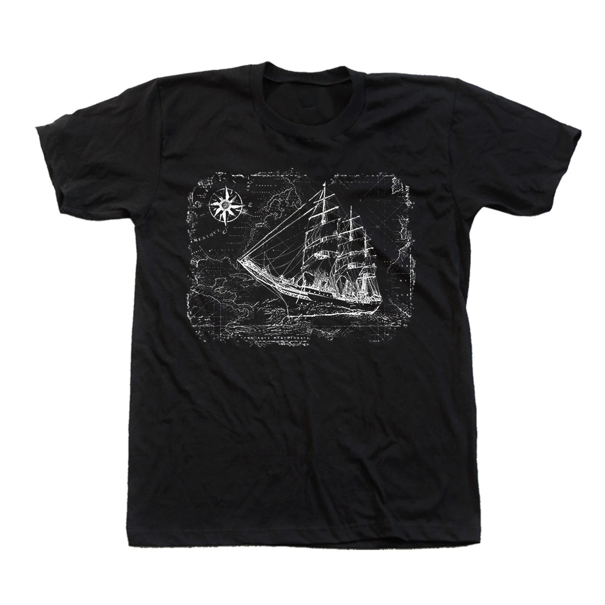 Summer Hot Selling Sailing Ship T-shirt: Compass Map Graphic, Cotton Crew Neck Men's Short Sleeved T-shirt