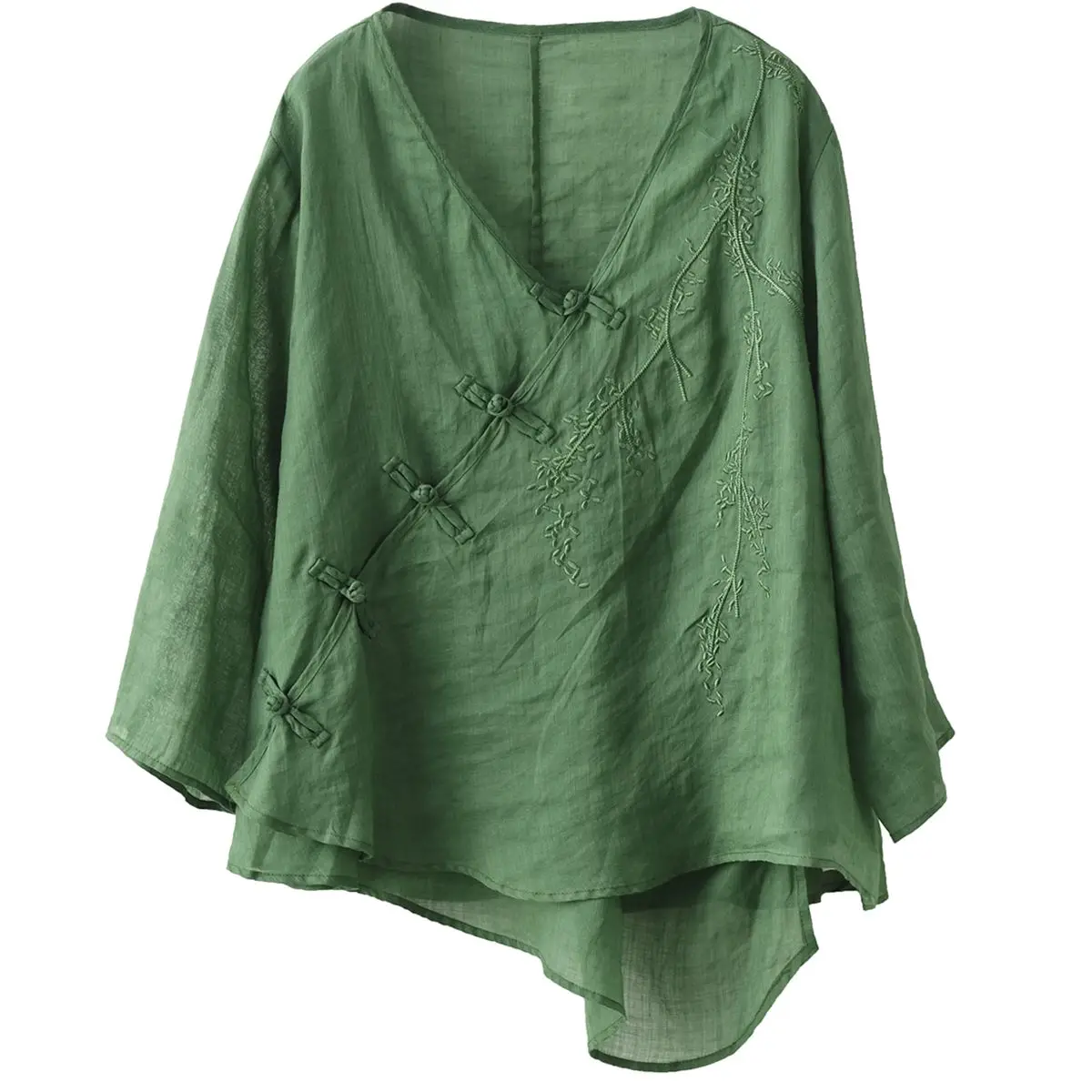 

Retro Literary Embroidered Shirt Chinese Style Women's Oblique Placket Buttoned Shirt Thin Top Cotton Modern Qipao China Clothes