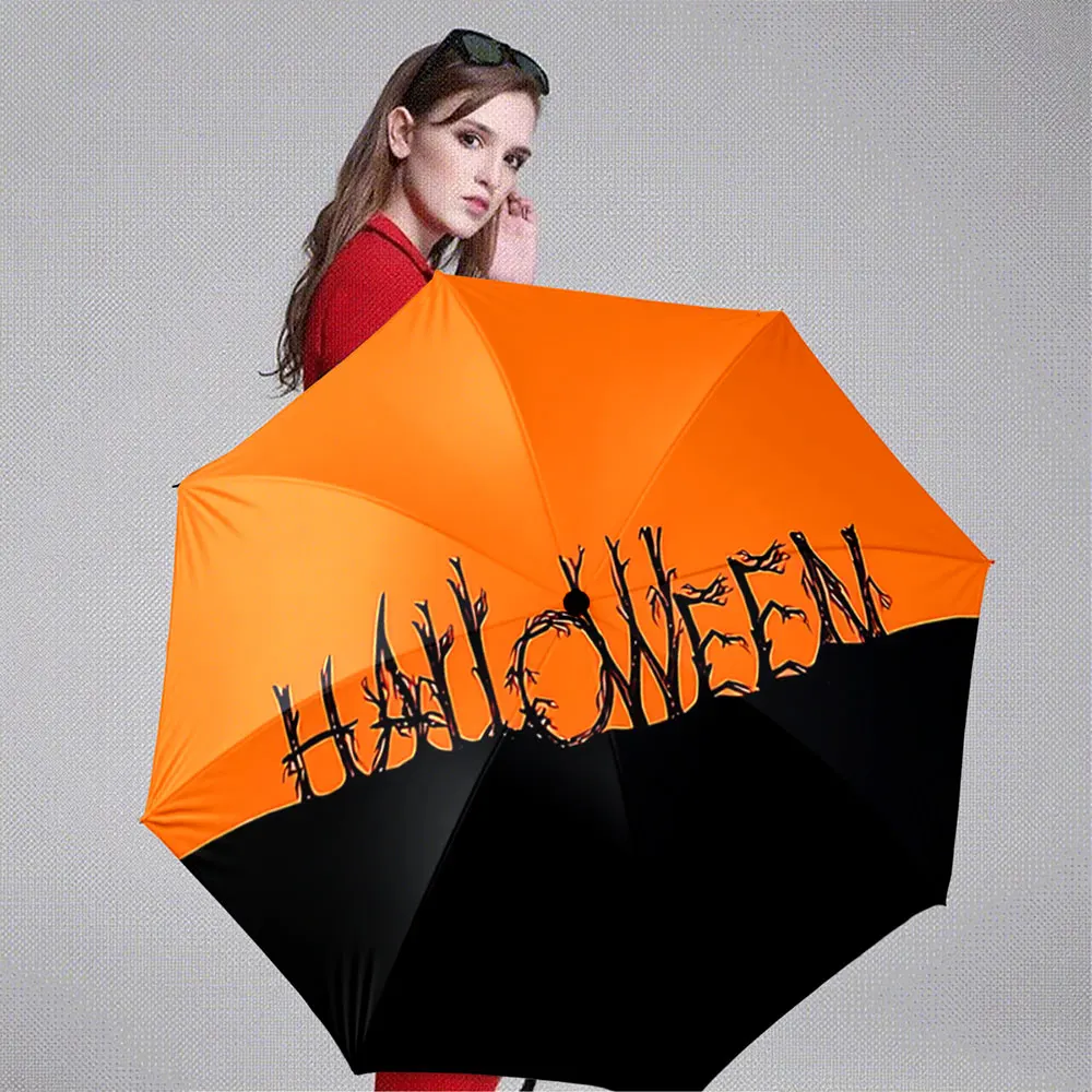 Halloween Orange and Black Umbrella with Spooky Tree Text Design Portable Folding Umbrella, Gift for Family And Friends