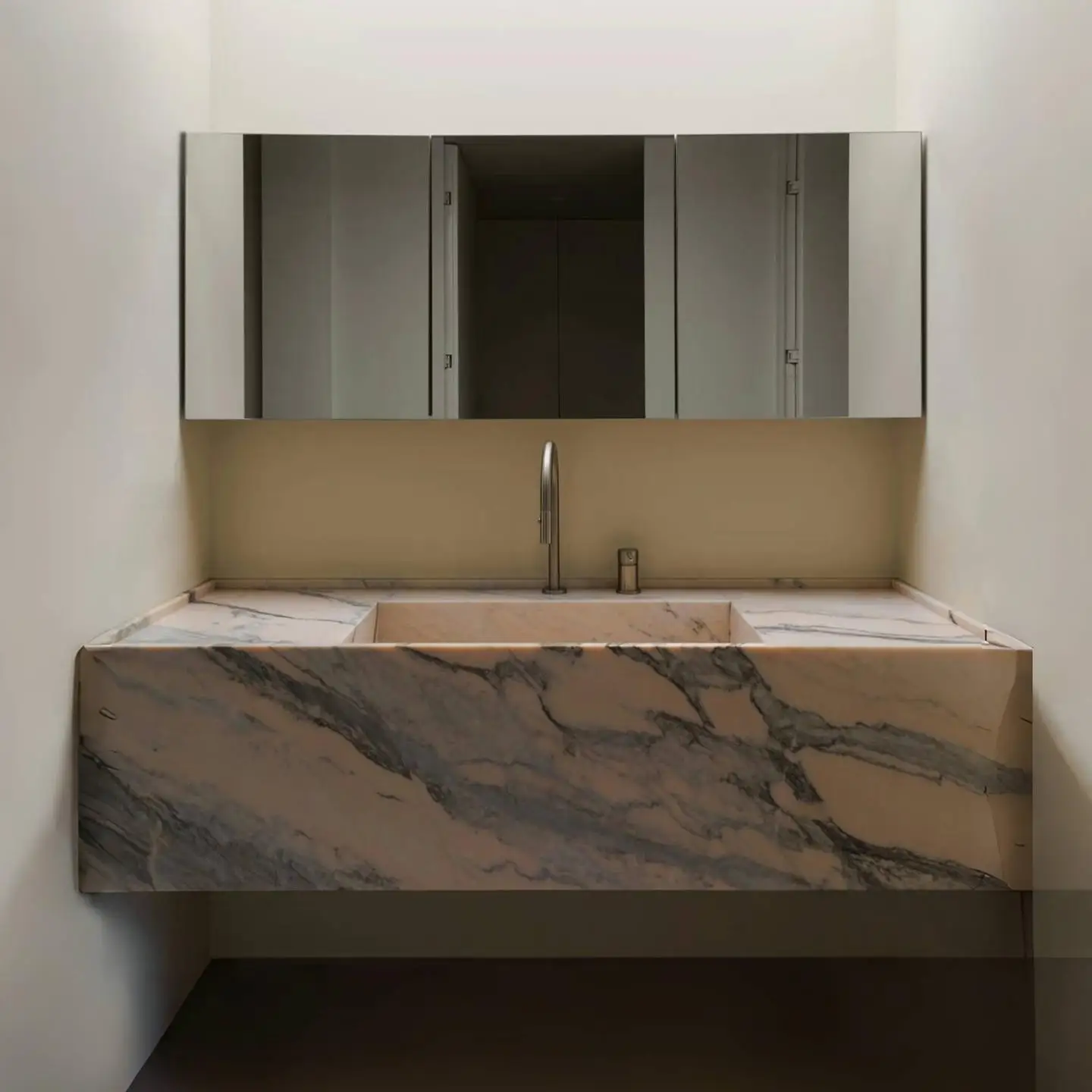 

Italian Vintage Smoke Pink Wall Hung Sink: Narrow Edge Deep Basin & Anti-Mold Quartz - Luxury Stone Bathroom Vanity