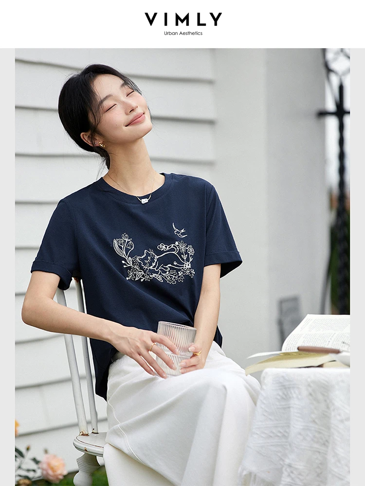 

VIMLY Navy Blue T-shirt Women's 2025 Summer Casual Round Neck Knitted Fun Cute Pet Embroidered Woman Short Sleeve Tops A1506