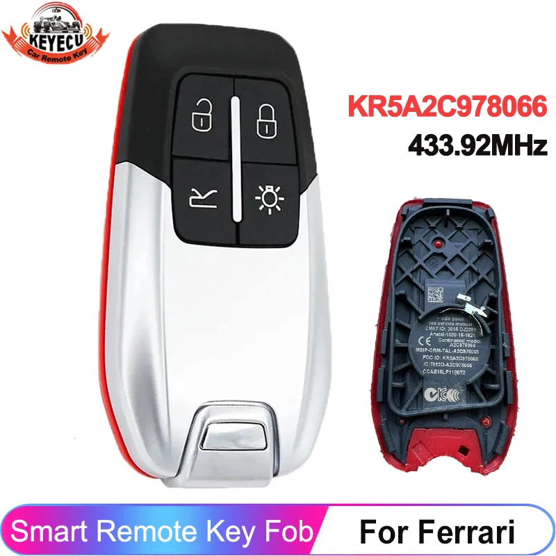 

KEYECU 4-кнопочный KR5A2C 978066 Для Ferrari 458 588 488GTB LaFerrari 2014 2015-2018 2019 2020 Smart 433 МГц 4A чип-ключ дистанционного управления