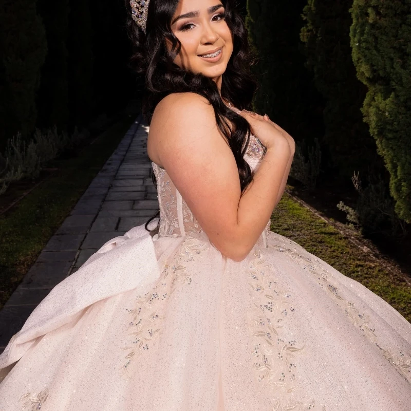 Personalizado brilhante lantejoulas quinceanera vestido de princesa vestido de aniversário sheer applique rendas contas doce 16 vestido de 15 anos yqd526