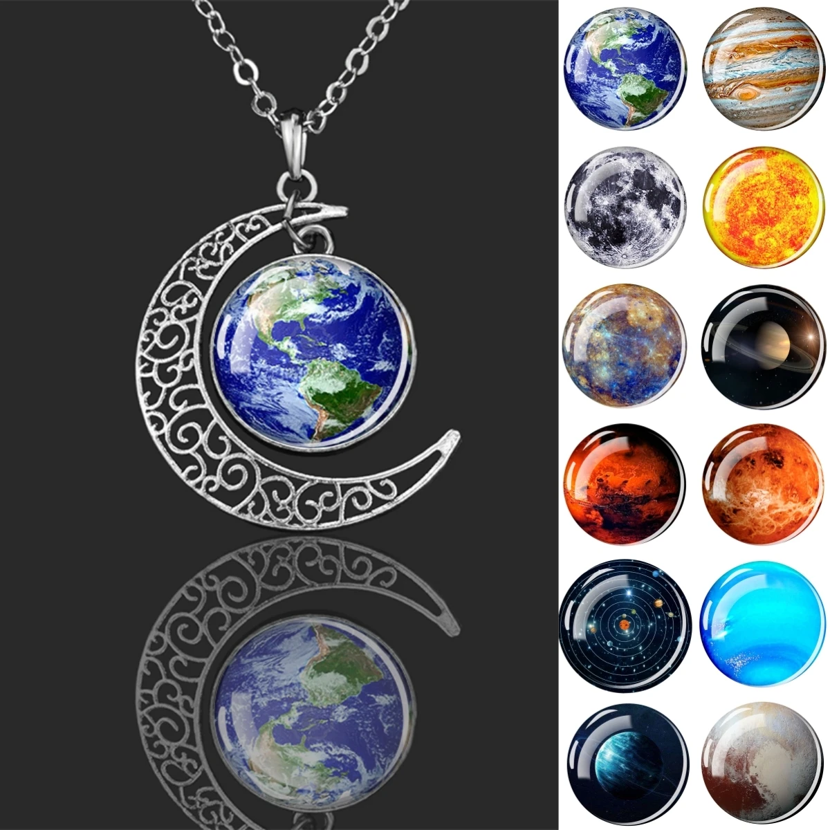 Solar System Planet Necklace Crescent Pendant Necklace Moon Earth Sun Jupiter Neptune Venus Mars Mercury Galaxy Nebula Jewelry