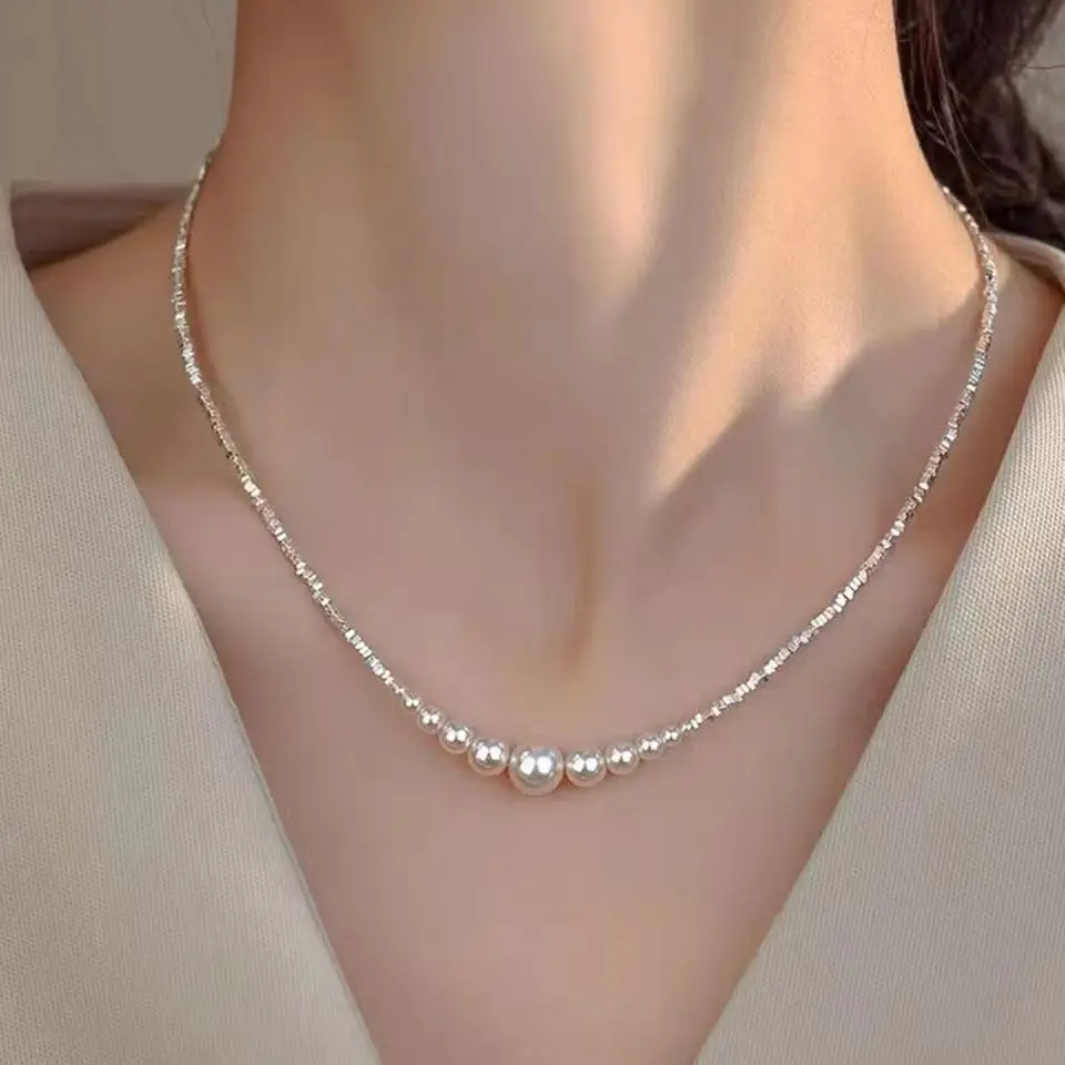 S999 Full Silver Broken Silver Pearl Necklace Premium Light Luxury Girlfriend Valentine's Day Gift Christmas Gift Birthday Gift