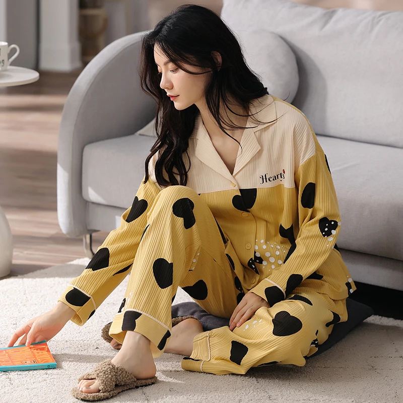 Black heart yellow pajamas sweet cool style all cotton cardigan long sleeved spring and autumn women's pajamas loose M-XXL