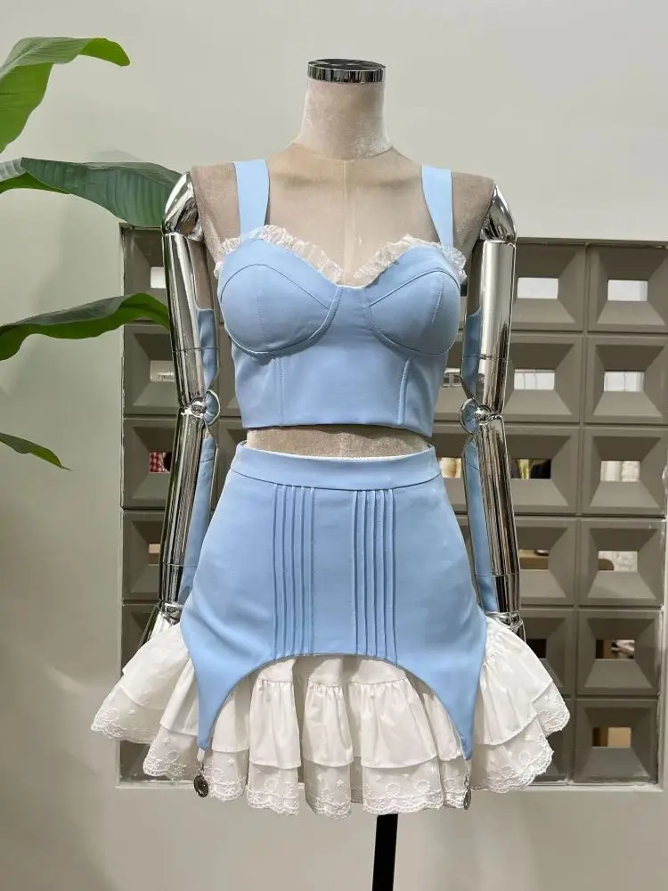 

Summer 2025 New Sweet Style Crop Tube Top Layered Skirt 3 Piece Set Navy Blue Sets Women's Clothing Deep V-neck Party Dress Hot