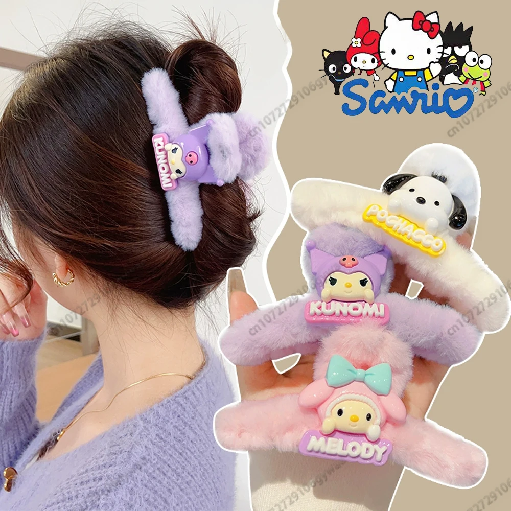 Horquilla con cierre Kawaii Sanrio de felpa Kuromi Cinnamoroll Hellokitty Otoño Invierno figura de Anime cola de caballo accesorios para el cabello