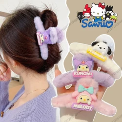 Horquilla con cierre Kawaii Sanrio de felpa Kuromi Cinnamoroll Hellokitty Otoño Invierno figura de Anime cola de caballo accesorios para el cabello rizado regalos