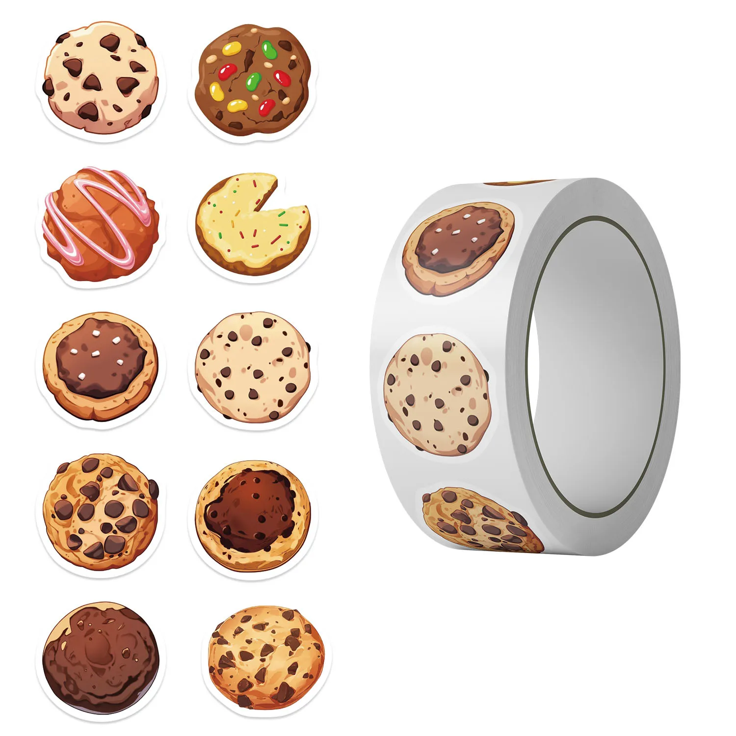 500Pcs Cute Cookies Stickers Roll, 10 Patterns Sweet Biscuit Decals, Waterproof Food Stickers Diary Scrapbooking Supplies Gifts