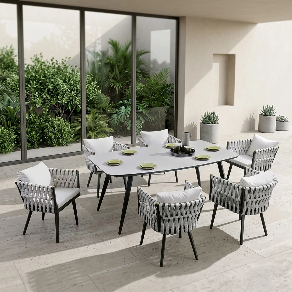

# Outdoor Patio Aluminum Rope Dining Chair And Garden Dining Table Set For Sundeck