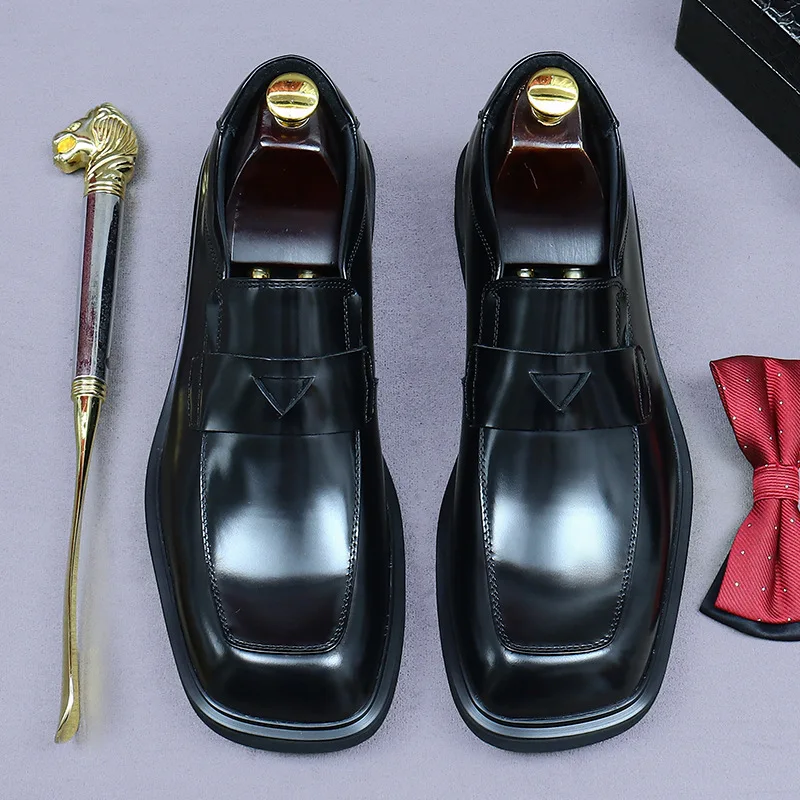 

Men's Square Toe Platform Loafers Genuine Leather Thick Sole Slip On Dress Shoes for Men Office Daily Fashion Handmade Footwear