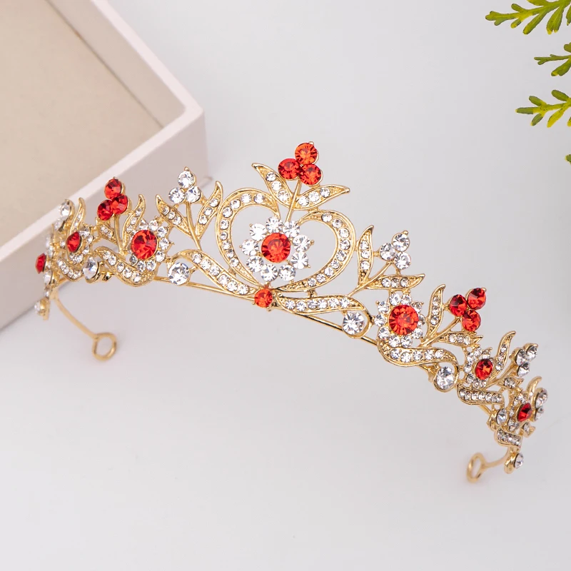 Trendy Gold RedRhinestone Crystal Crown Flower Bridal Hair Accessories Wedding Headpiece Hair ornaments Bride Hair Jewelry crown image 6